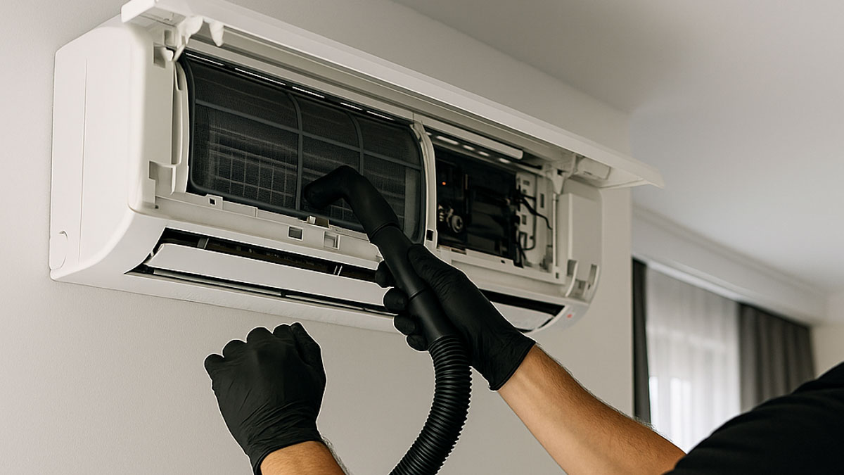 Fachowiec podłącza klimatyzator ścienny – Będzin.