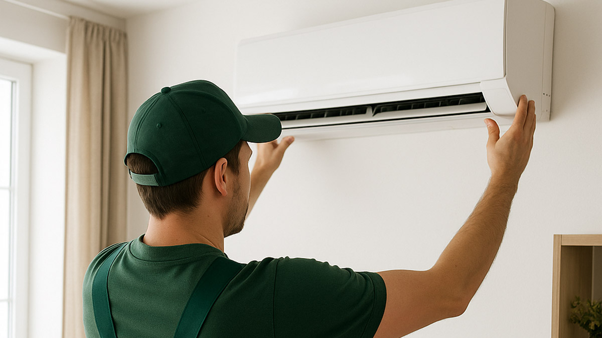 Fachowiec zakładający klimatyzator ścienny – Dąbrowa Górnicza.